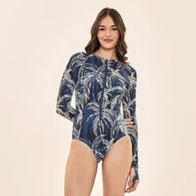 Carica l'immagine nel visualizzatore di Gallery, Model Front: Uv Line Intero Swimsuit Macae Coconut Palms Navy Blue Upf50+
