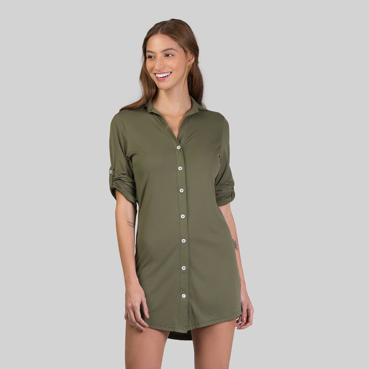 Model Front: Uv Line Vestito Da Spiaggia Shirtdress Copenhagen Verde Militar Upf50+
