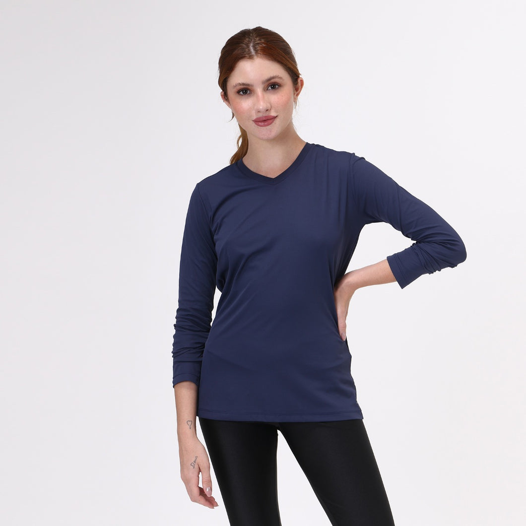 Model Front: Uv Line Top Da Fitness Sport Fit Fem Ml Marinho Upf50+